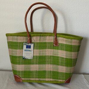 Le Comptoir de la Plage Straw Woven Tote Bag Leather Handles Green Gingham Weave